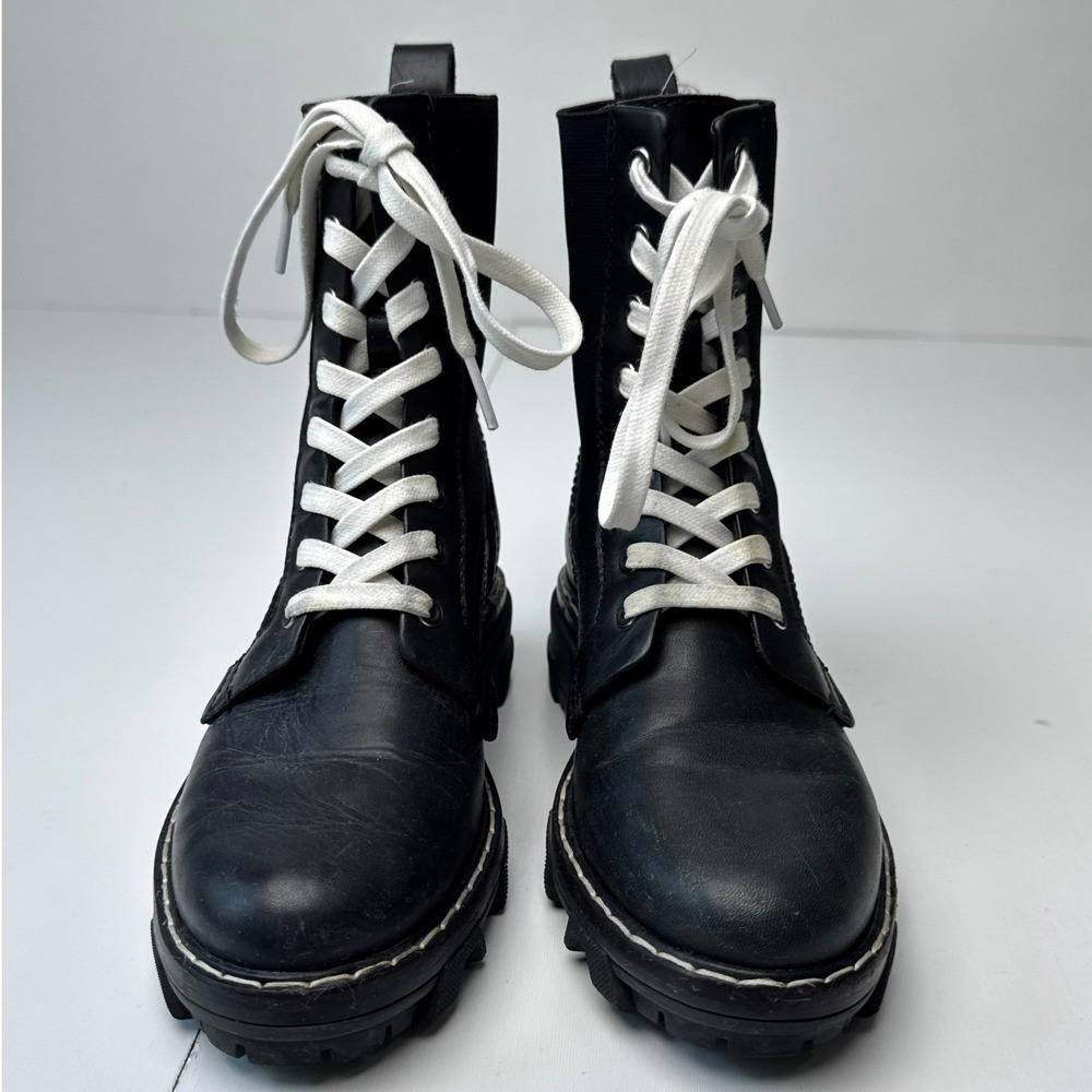 Rag & Bone Shiloh Black Leather Textile Combat Boots White Laces Lug‎ Sole - Picture 8 of 14